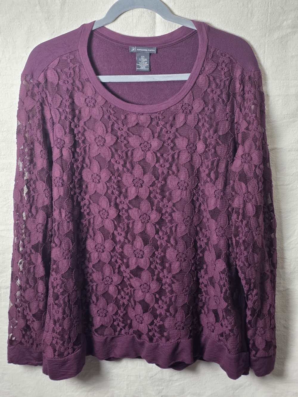 Adrianna Papell Plum Floral Lace Long Sleeve Scoopneck Top